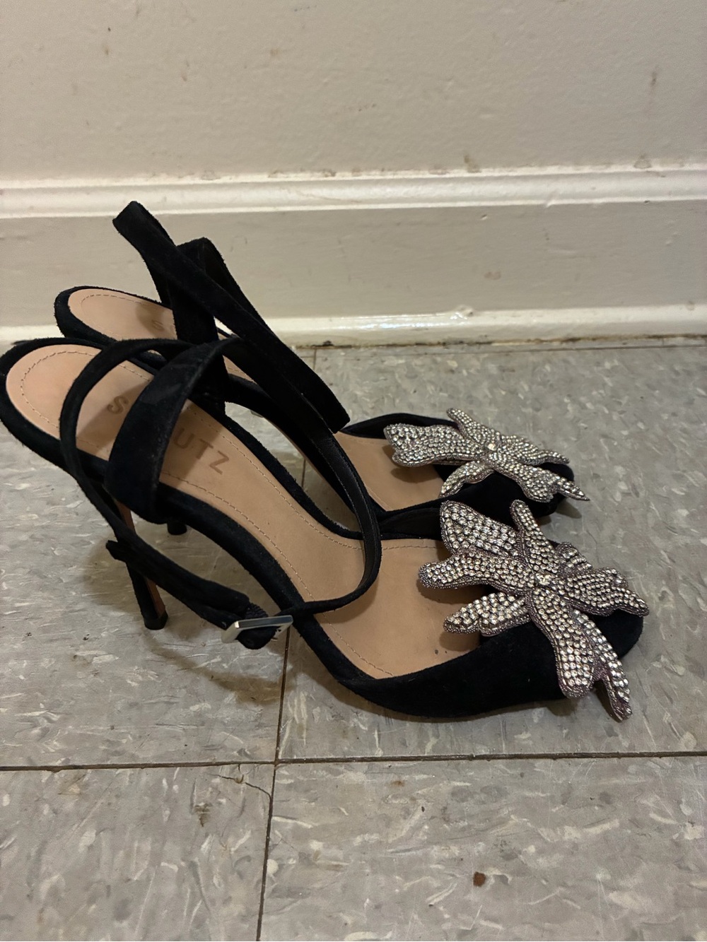 Schutz Black Suede Crystal Flower Ankle-Strap Sandals size 9 - Picture 2 of 10